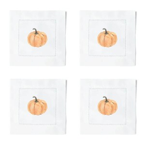 Linen Cocktail Napkin Set | Fall Pumpkin | Autumn Happy Hour Fall Decor | Perfect gift for hostess | Hemstitch Cocktail Napkin Pumpkin