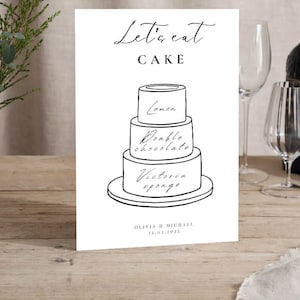 Gedrucktes benutzerdefiniertes Cake Tier-Menü | Hochzeit personalisiert Kuchen-Menü | Hochzeitsdekor | Kuchenaromen | Hochzeit Zeichen | DIY Hochzeit | Elegante Karte