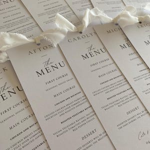 Menú de boda personalizado impreso con cinta, papelería sencilla, menú de boda y tarjeta de nombre, menú personalizado, tarjetas de menú de boda