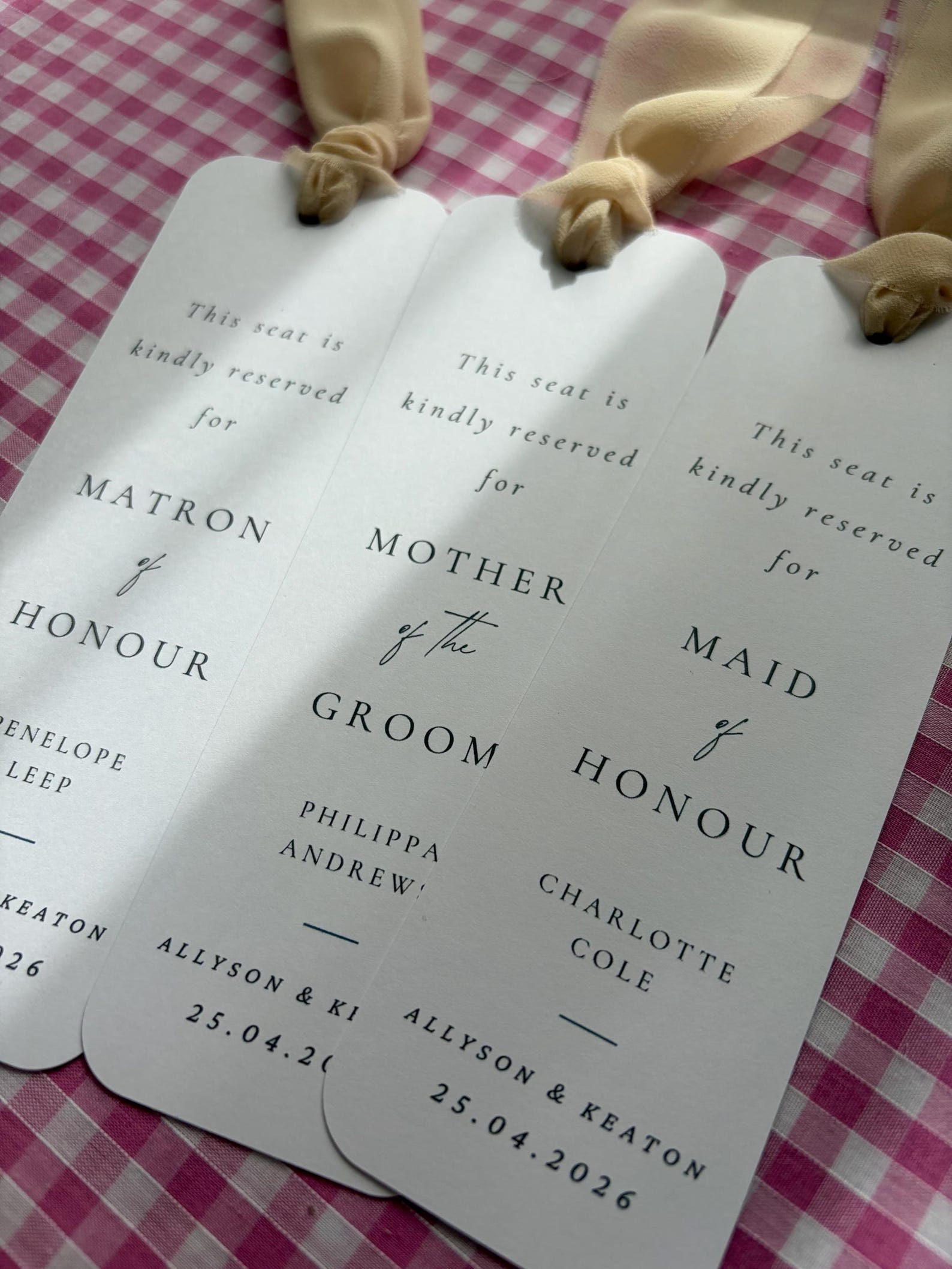 Bookmark Seating Card Personalised Wedding Reserved Seat Signs, Bookmark Style Seating Tags ...