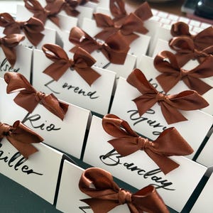 May include: A collection of white rectangular place cards arranged in rows, each featuring a hand-lettered name in black ink and topped with a small, tied brown satin ribbon bow. The cards are folded to stand upright, displaying names like Rio, Barclay, and Zander.