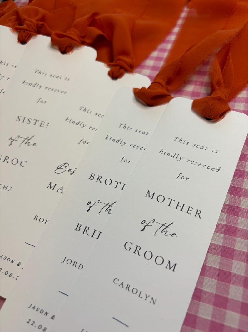 Bookmark Seating Card Personalised Wedding Reserved Seat Signs, Bookmark Style Seating Tags ...