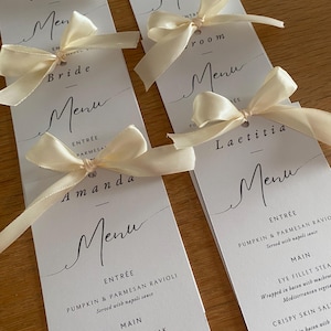 Menu de mariage imprimé personnalisé avec ruban, papeterie simple, menu de mariage et carte de visite, menu personnalisé, cartes de menu de mariage