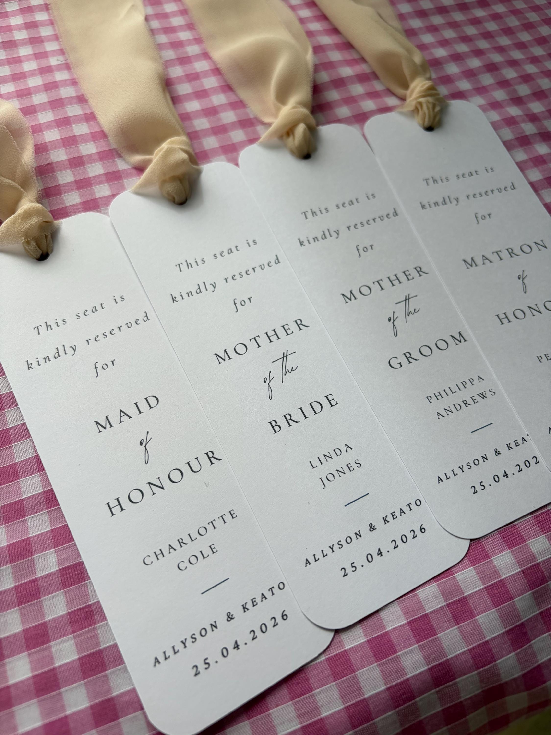 Bookmark Seating Card Personalised Wedding Reserved Seat Signs, Bookmark Style Seating Tags ...