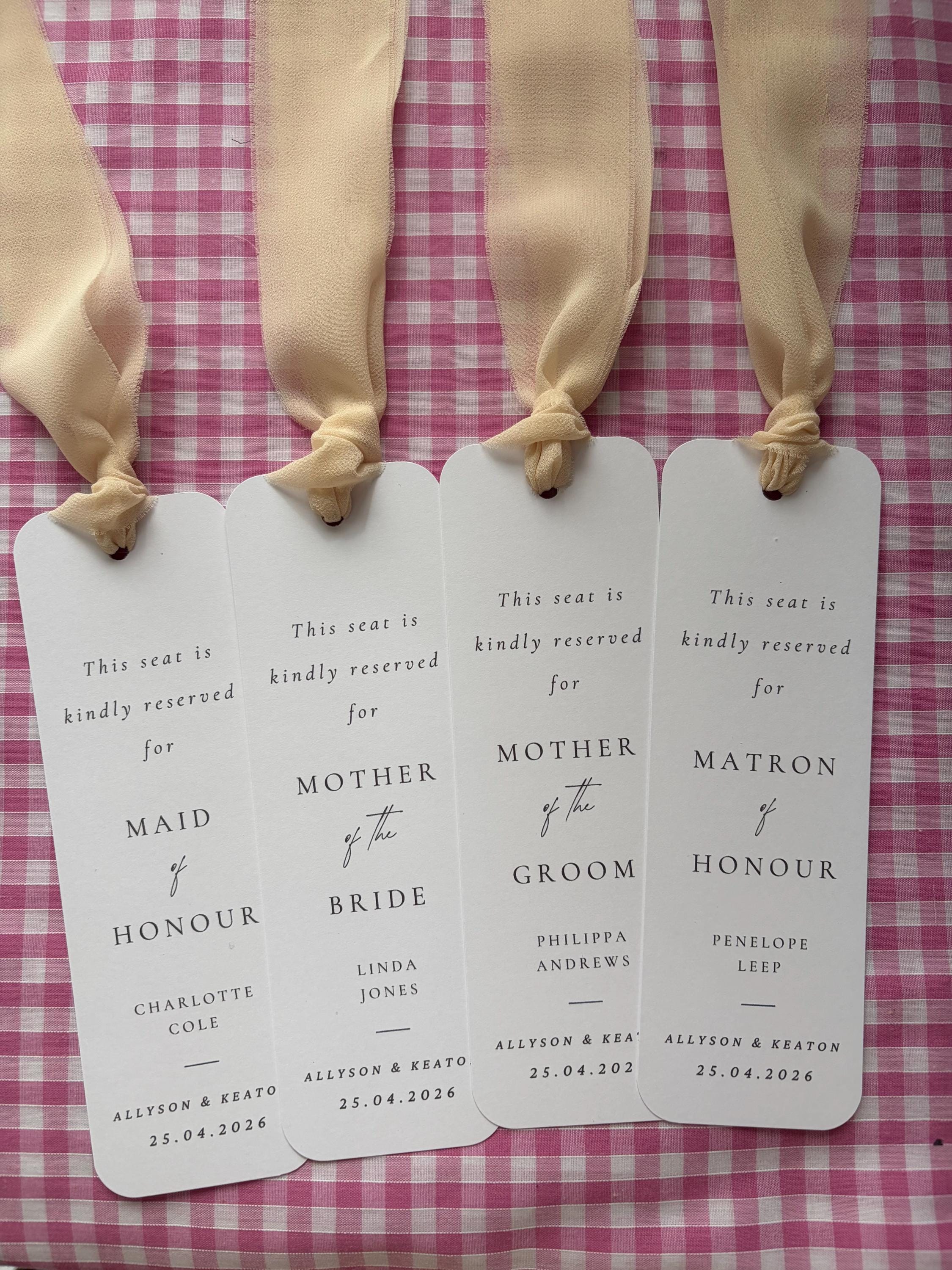 Paper Reserve Rows Personalised Wedding Reserved Seat Signs, Bookmark Style Seating Tags ...