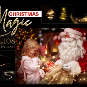 108 Magic Christmas Overlays, Photoshop Xmas Glitter, Glow Effect, Stardust Sparkle, Golden Loght Bokeh, New Year Shining, Gold Fairy Dust