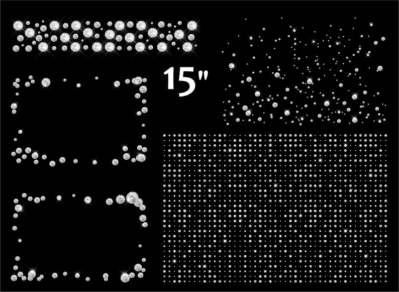 May include: A set of rhinestone embellishments for crafting projects. The set includes a border, two frames, a scattered design, and a grid pattern. The rhinestones are silver and measure 15 inches in length.