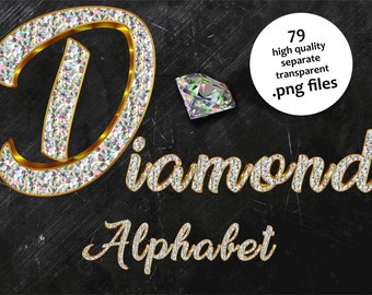 May include: Diamond alphabet font with a gold outline and a sparkling diamond texture. The letter D is highlighted and the word "Diamond Alphabet" is written below.