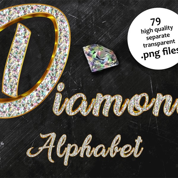 Diamond Alphabet Clipart, Diamond in Gold Alphabet PNG Files, Gold Letters Numbers PNG Clipart, Silver Alphabet Clipart, Jewelry Letters