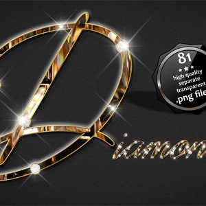 Alfabeto en cursiva de diamantes de oro moderno con PNG de pedrería, imágenes prediseñadas de números de letras doradas, imágenes prediseñadas del alfabeto del logotipo de Glam de la firma, letras de joyería