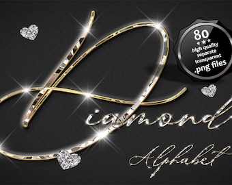 May include: Diamond alphabet font with a sparkling, gold and silver design. The letters are outlined in gold and have a diamond-like texture. The word "diamond" is written in cursive below the letter "D". The image includes the text "80 high quality separate transparent .png files".