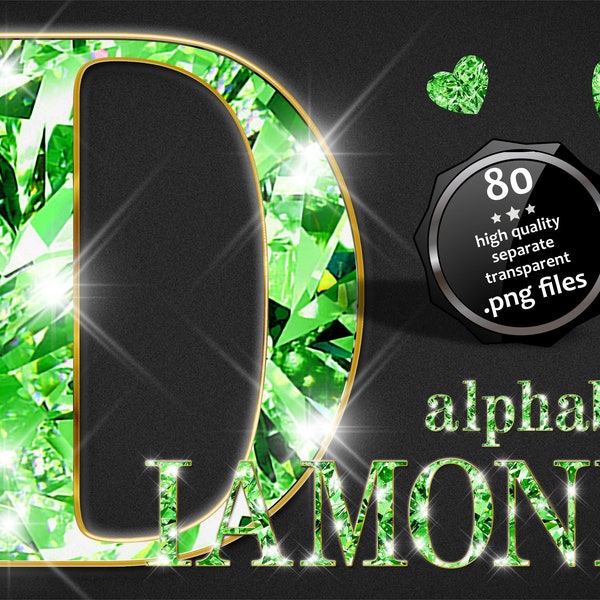 Lime Green Diamond Alphabet ART Clipart, Diamond in Gold Alphabet PNG, Light Green Numbers Clipart, Glam Alphabet Clipart, Jewelry Letters