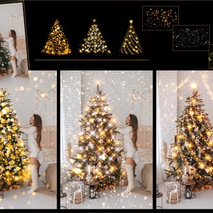 May include: A woman decorates a Christmas tree with twinkling lights and ornaments. The tree is in a room with white brick walls and a white bed in the background. The room is decorated with string lights and snowflakes.