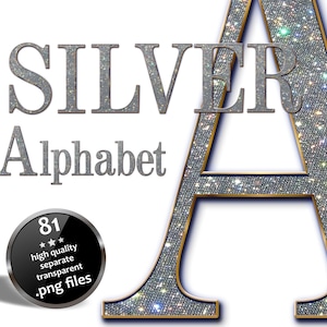 Sparkling Silver Alphabet Clipart. Luxury Letters Numbers with Colored Gems. Signature Letter. Lettering Logo. Modern Font for Social Posts