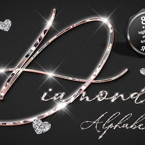 Rose Gold Silver Diamond Italic Alphabet Clipart, Diamond in Rose Gold Alphabet PNG, Cursive Silver Letters Numbers Clipart, Jewelry Letters