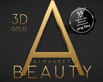 3D Gold Thin Alphabet Clipart. Letters and numbers for business tagline, logo, signature. Golden Metallic font for Canva. Lettering overlays