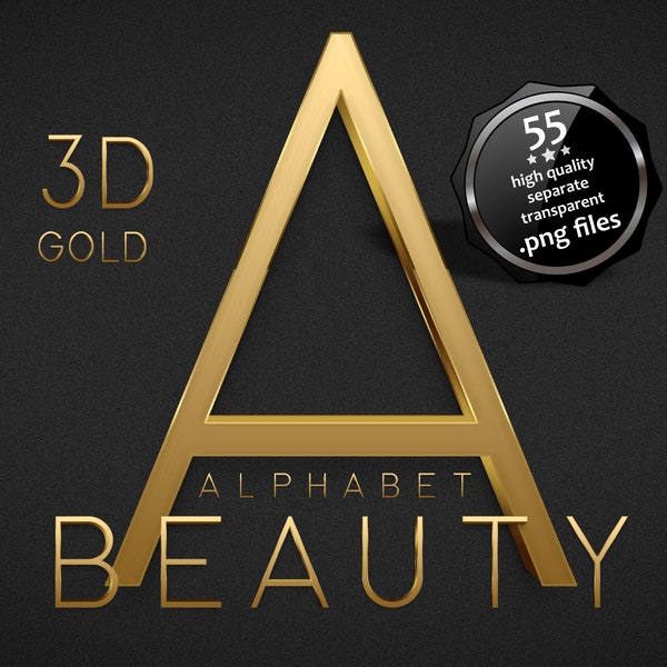 3D Gold Thin Alphabet Clipart. Letters and numbers for business tagline, logo, signature. Golden Metallic font for Canva. Lettering overlays