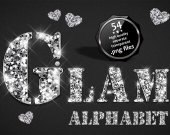 May include: Silver glitter alphabet letters with a sparkling diamond-like texture. The letters spell out "GLAM" with the word "ALPHABET" below. There is a black seal with the text "54 high quality separate transparent .png files".