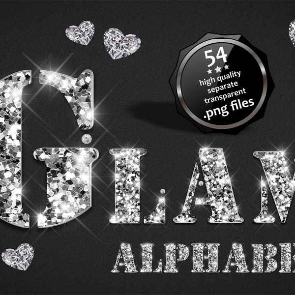 Silver Glam Alphabet Clipart, Shining Alphabet PNG, Glam Letters Numbers PNG Clipart, Silver Alphabet Clipart, Jewelry Letters, Diamond