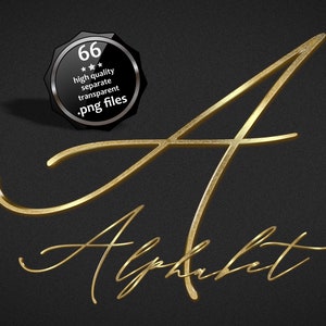 Clipart do alfabeto cursivo em ouro 3D. Letras e números de luxo para logotipo comercial. Carta de Assinatura Dourada. Fonte metálica. Sobreposições de letras.