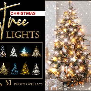 51 sobreposições de luzes de árvore de Natal, árvore cintilante, decoração brilhante de árvore de ano novo no Photoshop, bokeh de árvore de Natal, efeito de brilho de árvore de Natal