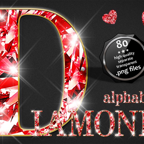 Red Diamond Alphabet ART Clipart, Diamond in Gold Alphabet PNG Files, Emerald Letters Numbers PNG Clipart, Red Alphabet, Jewelry Letters