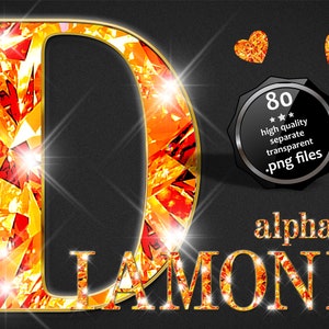 Orange Diamond Alphabet ART Clipart, Shine Diamond in Gold Alphabet PNG, Orange Numbers PNG Clipart, Glam Alphabet Clipart, Jewelry Letters