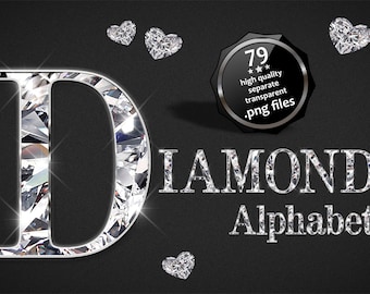 May include: Diamond alphabet letter D, a sparkling, silver, and white letter with a black background. The text "DIAMOND Alphabet" is below the letter. A black and silver seal with the text "79 high quality separate transparent .png files" is in the upper right corner of the image.