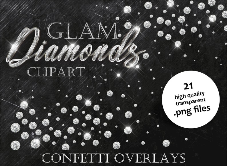 May include: Glam Diamonds Clipart: 21 high quality transparent .png files of silver glitter confetti overlays.  Perfect for adding sparkle to your digital designs.