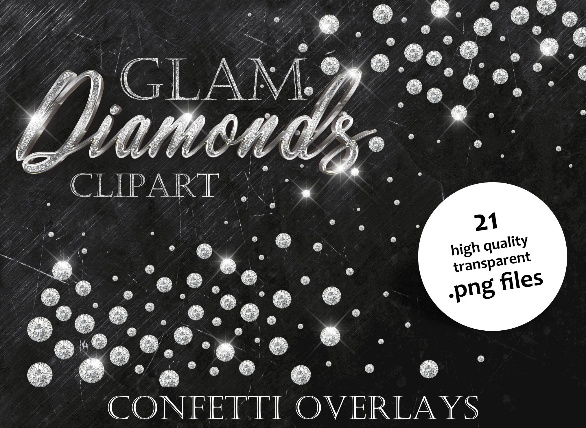 21 Diamond Confetti Overlays PNG – Glam Jewels Clipart, Silver Glitter Borders & Gems for Invitations
