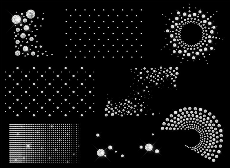 May include: A set of nine different designs made of white diamonds on a black background. The designs include a circle, a square, a rectangle, a spiral, a wave, and a few scattered diamonds.