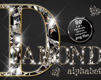 Gold Diamond Alphabet ART Clipart, Dark Silver Diamond in Gold Alphabet PNG, Gold Letters Numbers PNG, Glam Alphabet Clipart, Jewelry Letter
