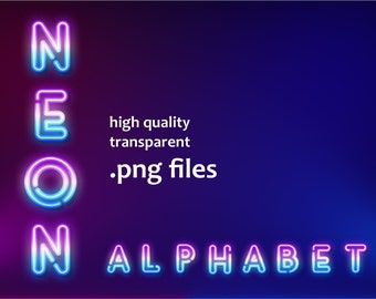 May include: Neon alphabet letters in pink and blue with a gradient effect. The letters spell out "NEON ALPHABET" with high quality transparent .png files.