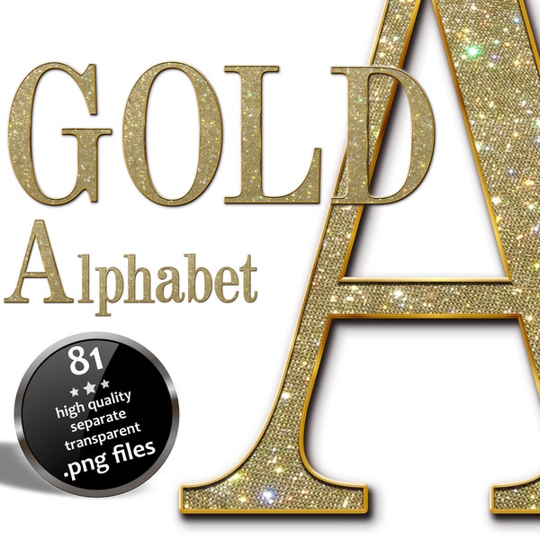 Sparkling Gold Alphabet Clipart. Luxury Letters Numbers with Colored Gems. Golden Signature Lettering Logo. Modern Font for Social Posts