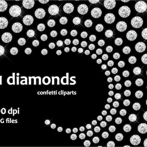 May include: A digital illustration of 21 sparkling silver diamonds arranged in a curved pattern on a black background. The text "21 diamonds confetti clipart" and "300 dpi PNG files" is also included in the image.