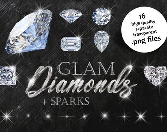 7 Glam Diamonds + 9 Sparks Overlays, Overlays PNG Clipart, Wedding Diamonds and Lights, Photo Layer, Light Overlays Clipart Photoshop