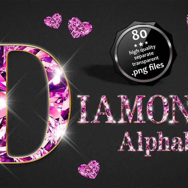 Pink Diamond Alphabet ART Clipart, Diamond in Gold Alphabet PNG Files, Pink Letters Numbers PNG Clipart, Pink Alphabet, Jewelry Letters