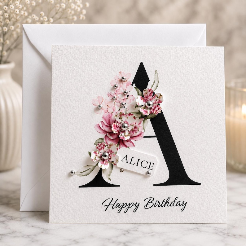 Puede incluir: Una tarjeta de felicitaci&oacute;n blanca con una gran letra "A" negra adornada con flores rosas y plateadas. La tarjeta incluye el nombre "ALICE" y las palabras "Happy Birthday" en escritura negra. Hay un sobre blanco detr&aacute;s de la tarjeta.