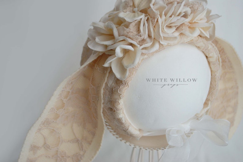 beige lace bunny hat floral headpiece sitter bunny bonnet UK seller Vintage bunny flower bonnet Sitter Photo Prop