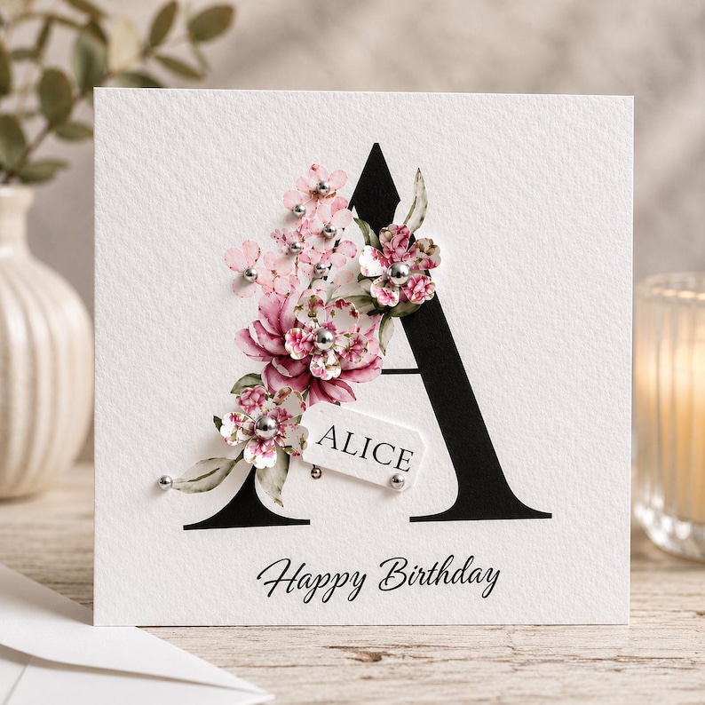 Puede incluir: Tarjeta de felicitaci&oacute;n blanca con una gran letra 'A' negra adornada con flores rosas y blancas. La tarjeta tiene el nombre 'Alice' en una peque&ntilde;a etiqueta y la frase 'Happy Birthday' en la parte inferior.
