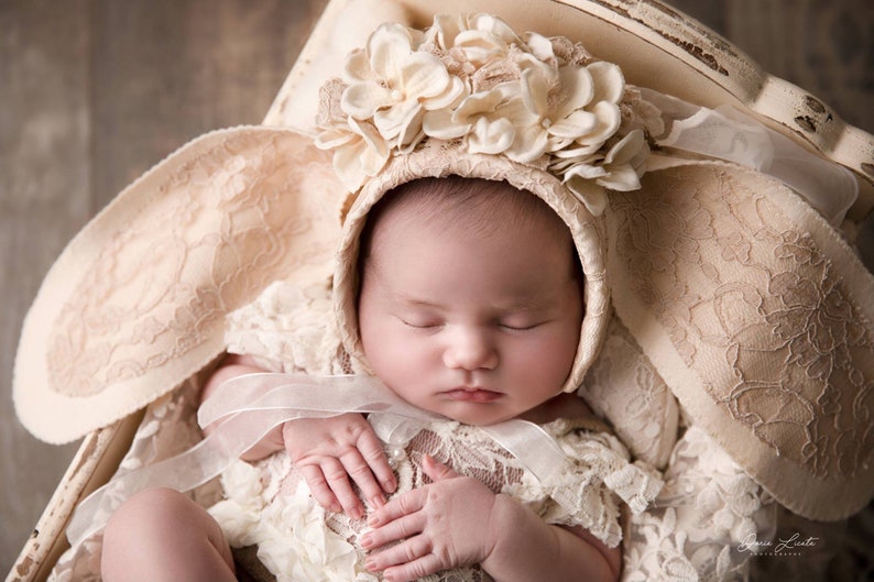 beige lace bunny hat floral headpiece sitter bunny bonnet UK seller Vintage bunny flower bonnet Sitter Photo Prop