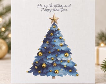 Tarjeta navideña 3D hecha a mano, árbol de Navidad azul, cuentas doradas