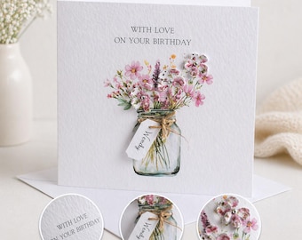 3D Flower Birthday Card: Handmade Gem Keepsake, Personalized Greeting