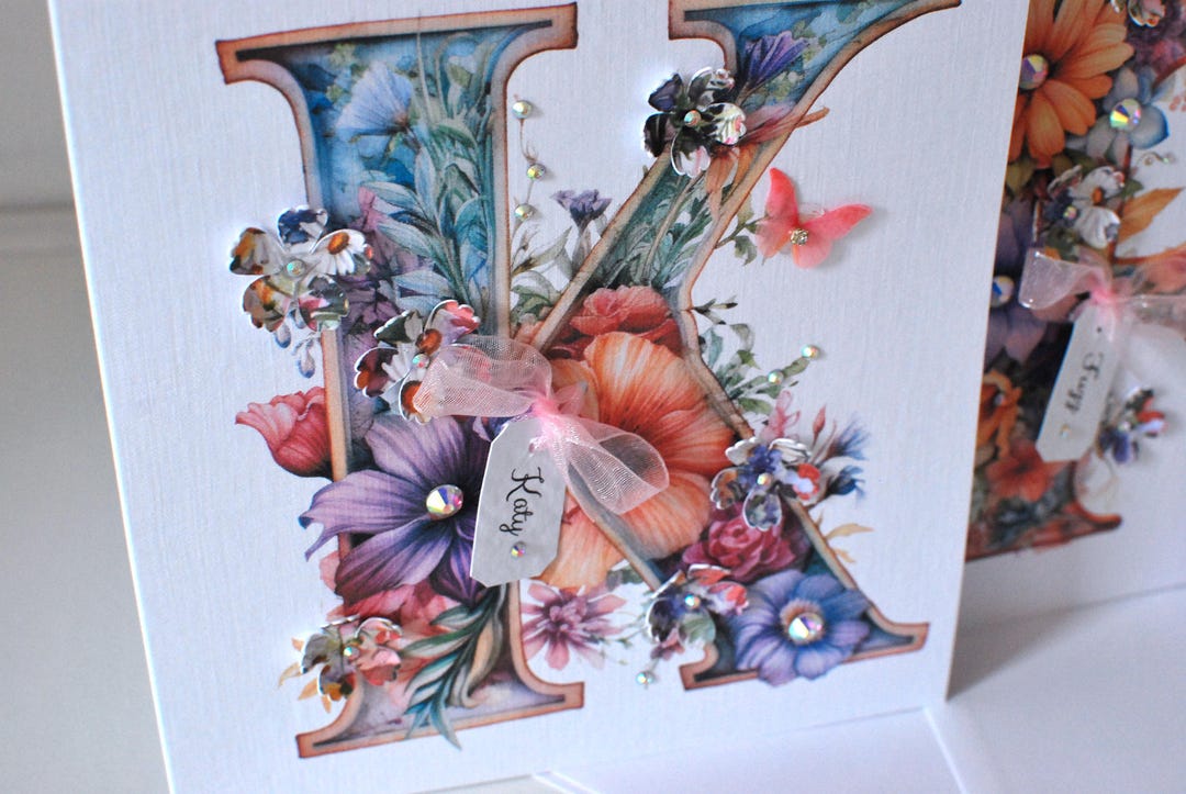 3D Flower Initial Birthday Card: Handmade Gem-decorated Greeting Card ...