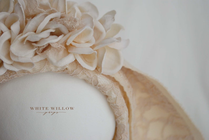 beige lace bunny hat floral headpiece sitter bunny bonnet UK seller Vintage bunny flower bonnet Sitter Photo Prop