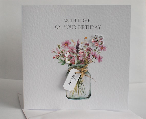Personalised Birthday Card for Her | Wildflower Mason Jar | Luxury Greeting Card
