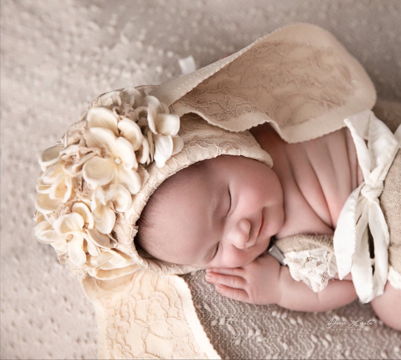 beige lace bunny hat floral headpiece sitter bunny bonnet UK seller Vintage bunny flower bonnet Sitter Photo Prop