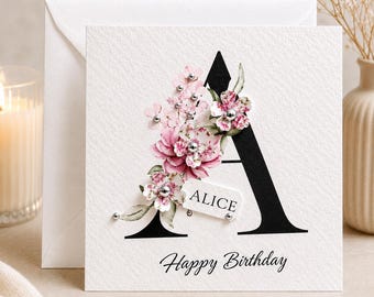 Personalised Floral Initial Birthday Card for Her | Handmade 3D Flower Design | Custom Name Tag