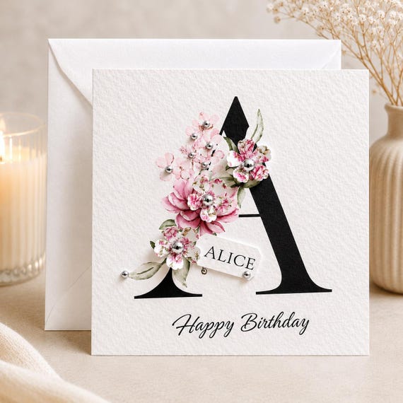 Personalised Floral Initial Birthday Card for Her | Handmade 3D Flower Design | Custom Name Tag