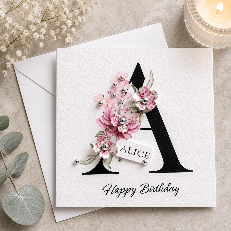 Puede incluir: Tarjeta de felicitaci&oacute;n blanca con una gran letra "A" negra decorada con flores rosas y detalles plateados. La tarjeta dice "ALICE" y "Feliz Cumplea&ntilde;os". Incluye un sobre blanco.